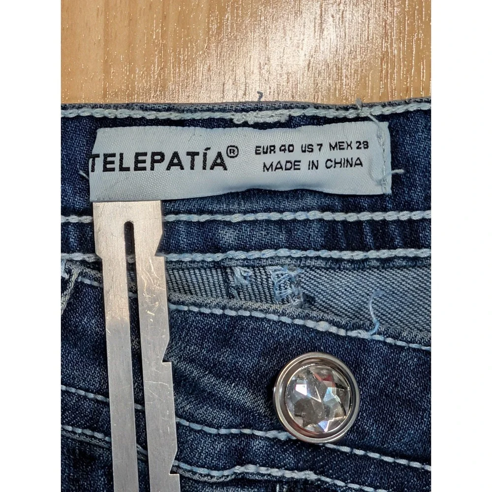 Telepatia Wide Leg Jeans Blue Denim Rhinestone Button GR25015 Mens Size 7/28 NEW